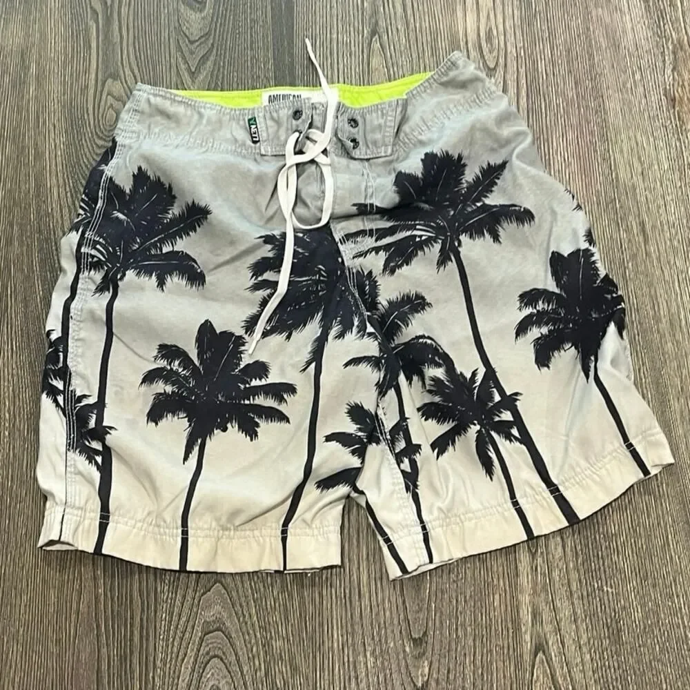 American Eagle Mens AE77 Swim Trunks Board Shorts Palm Trees Gray Blue Size 30
